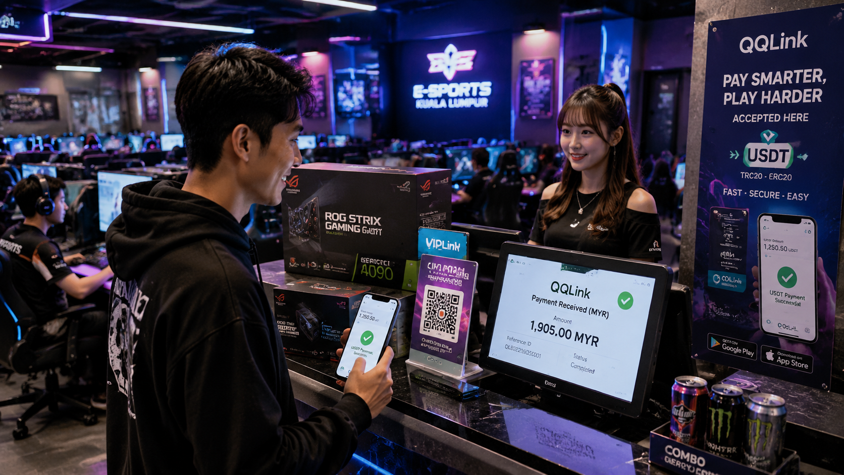 USDT線下掃碼支付馬來西亞上線！QQLink顛覆電競館消費