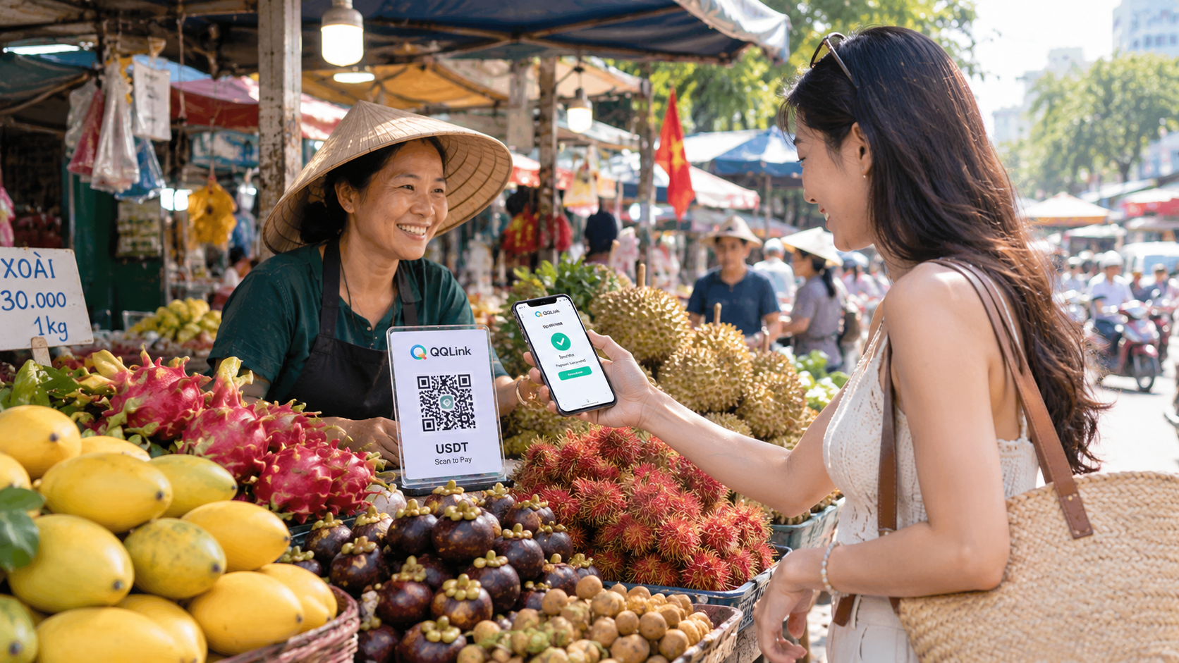 越南水果市场实测：QQLink用USDT扫码买榴莲有多丝滑？