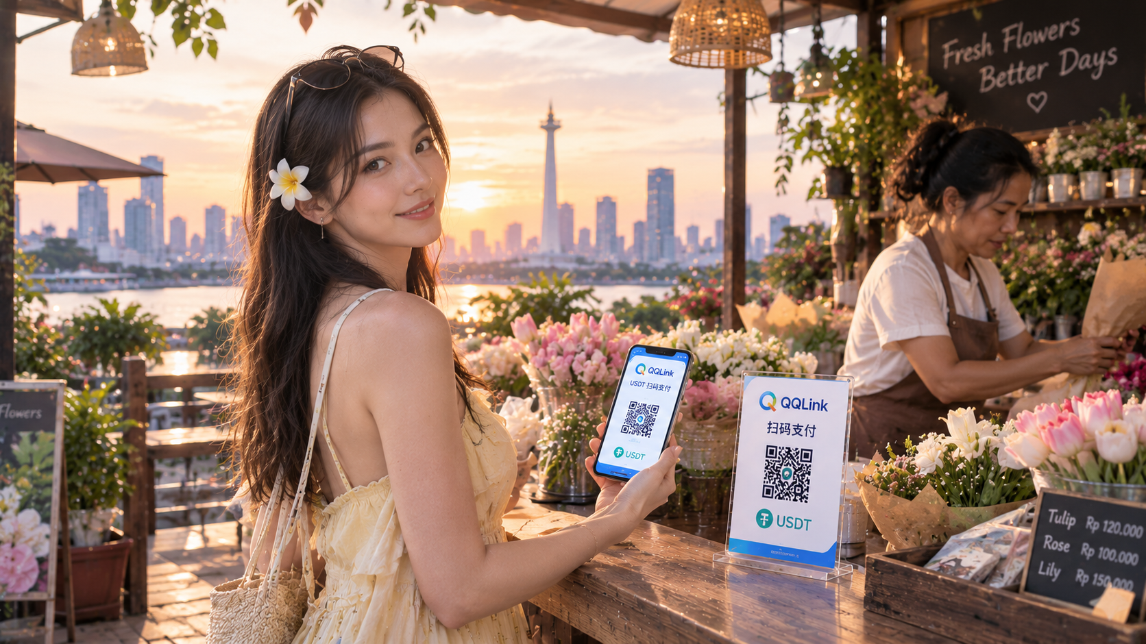 54 雅加达花店的一束玫瑰,QQlink也能用USDT付款了