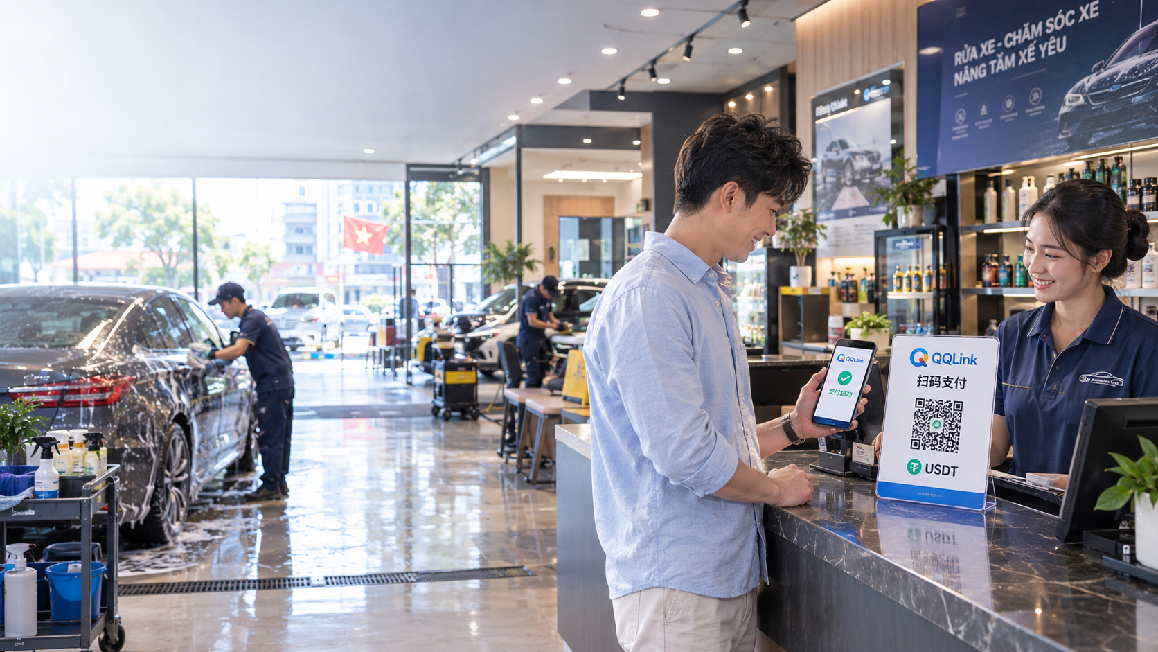 越南洗车不用换盾？QQLink用USDT扫码付款实测